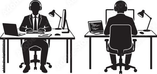 Vector silhouette set of a professional programmer wearing headphones working on computer and laptop from front and back view