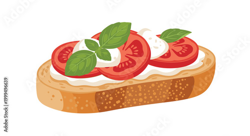 Delicious bruschetta appetizer with sliced tomatoes mozzarella cheese and fresh basil leaves on toasted bread over white.