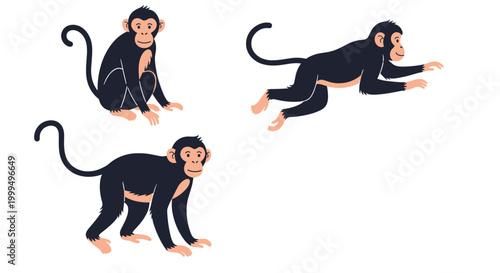 Set of three cartoon chimpanzees in different poses including sitting walking and jumping against a plain white background.