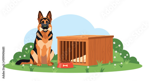 Noble German Shepherd dog sitting next to its wooden doghouse and a food bowl in a green grassy garden setting.