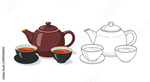 Set of brown teapot and matching tea cups shown in both colored and black and white outline for coloring and design.