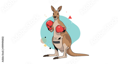 Cartoon boxing kangaroo wearing red gloves standing in a defensive pose against an abstract blue and geometric background.