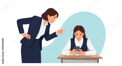 Angry female teacher in a dark suit pointing her finger and scolding a student who is looking at a smartphone in class.