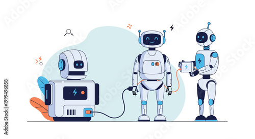 Group of various white robots connecting to a power station and a portable battery pack for energy recharging.