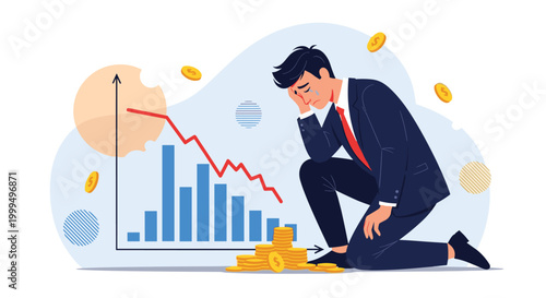 Desperate businessman kneeling on the floor next to a falling financial graph and a stack of gold coins representing economic loss.