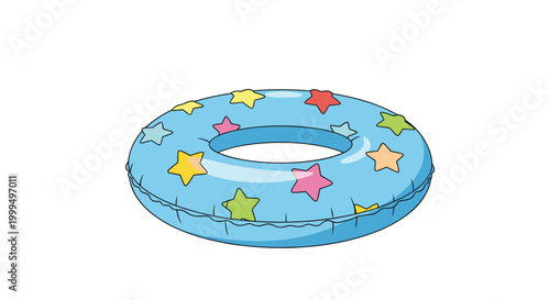 Blue inflatable swimming ring decorated with colorful stars for pool or beach safety and fun on white background.