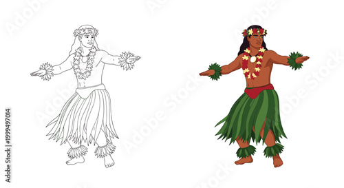 Traditional male Hawaiian hula dancer in a grass skirt and leis, shown in full color and as a black and white sketch.