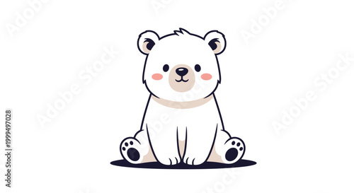 Adorable baby polar bear sitting and smiling with pink cheeks and a friendly expression on white background.