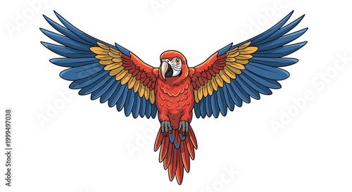 Colorful scarlet macaw parrot in flight with wide spread wings displaying vibrant red yellow and blue feathers against white.