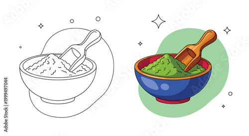 Comparison of a black and white outline and a colored illustration featuring a bowl of green matcha tea powder and a scoop.