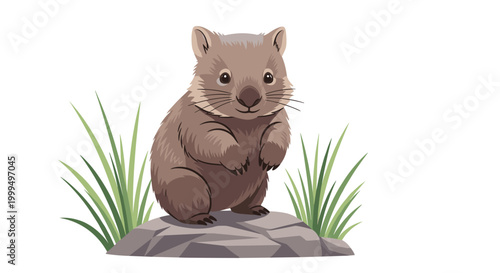 Cute cartoon wombat character standing on a grey rock surrounded by green grass blades against a plain white background.