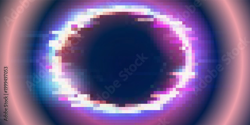 Glitch frame ring with bug distortion and cyan red digital artifacts for futuristic interface. Circular border with noise lines and data corruption effects. Cyberpunk design for tech game overlays.