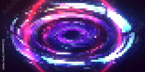 Glitch frame ring with bug distortion and cyan red digital artifacts for futuristic interface. Circular border with noise lines and data corruption effects. Cyberpunk design for tech game overlays.