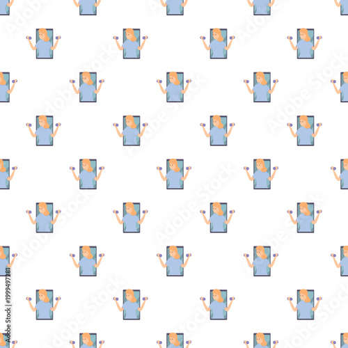 Woman lifting dumbbells out of a smartphone screen in a seamless pattern design