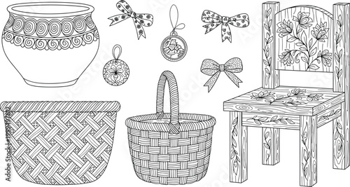 Handcrafted Home Decor Set with Woven Baskets, Floral Chair, Decorative Pots, and Ribbon Ornaments in Black and White Line Art for Rustic Designs