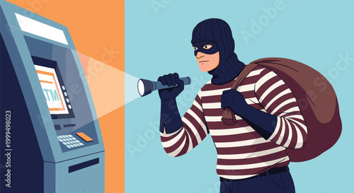 Dangerous burglar wearing a mask and striped shirt uses a flashlight to break into an automated teller machine at night.