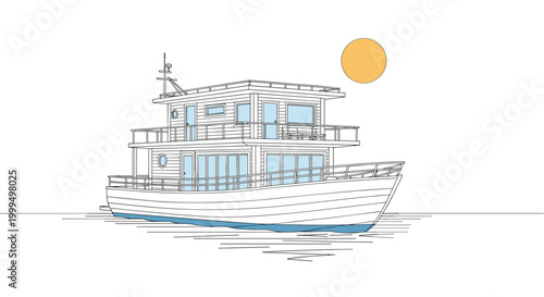Luxury two story houseboat is floating on calm water with a bright yellow sun shining in the background of the scene.