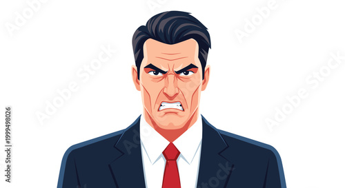 Portrait of a middle aged businessman showing an extremely angry facial expression with furrowed brows and clenched teeth.