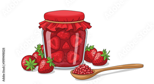 Jar of homemade strawberry preserve is surrounded by fresh ripe berries and a wooden spoon filled with sweet fruit pieces.