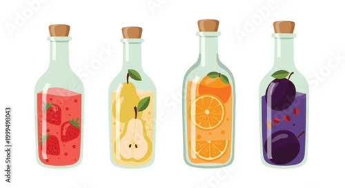 Set of four glass bottles is filled with different types of colorful fruit juices including strawberry pear orange and plum.