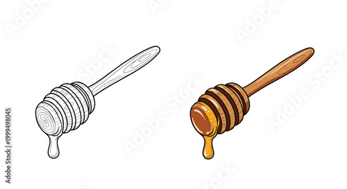 Wooden honey dipper is shown in both a line art version and a colored version with golden syrup dripping from the end.