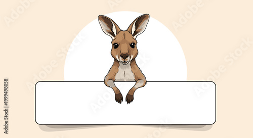 Adorable cartoon kangaroo is peeking over a blank white horizontal banner providing space for custom text or messages.
