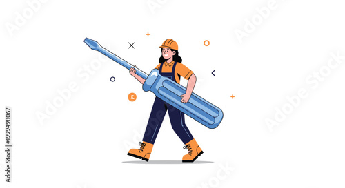 Female construction worker in uniform carrying a giant blue screwdriver symbolizing repair skills and technical expertise.