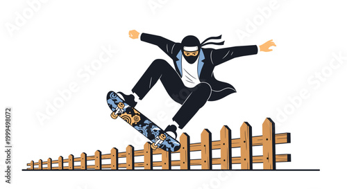 Agile ninja in a business suit performing a high jump on a skateboard over a wooden fence against a white background.