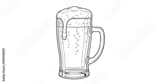 Detailed black and white outline illustration of a glass mug filled with beer and frothy foam on top for coloring.