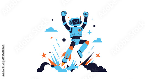 Excited blue robot character launching into the air using rocket boots surrounded by stars and clouds in a dynamic pose.