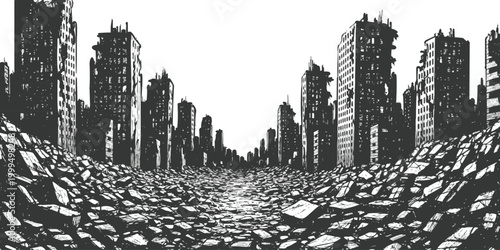 Ruined city street with destroyed buildings and rubble after disaster