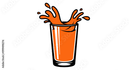 Illustration of vibrant orange carrot juice splashing energetically in a clear glass against a white background