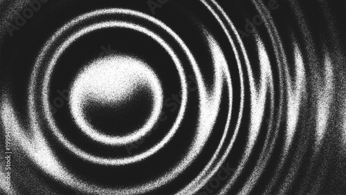 Grainy black and white background with concentric circular waves, glowing highlights and spiral ripples created from thousands of individual dots. Glares create an illusion of depth and optical motion
