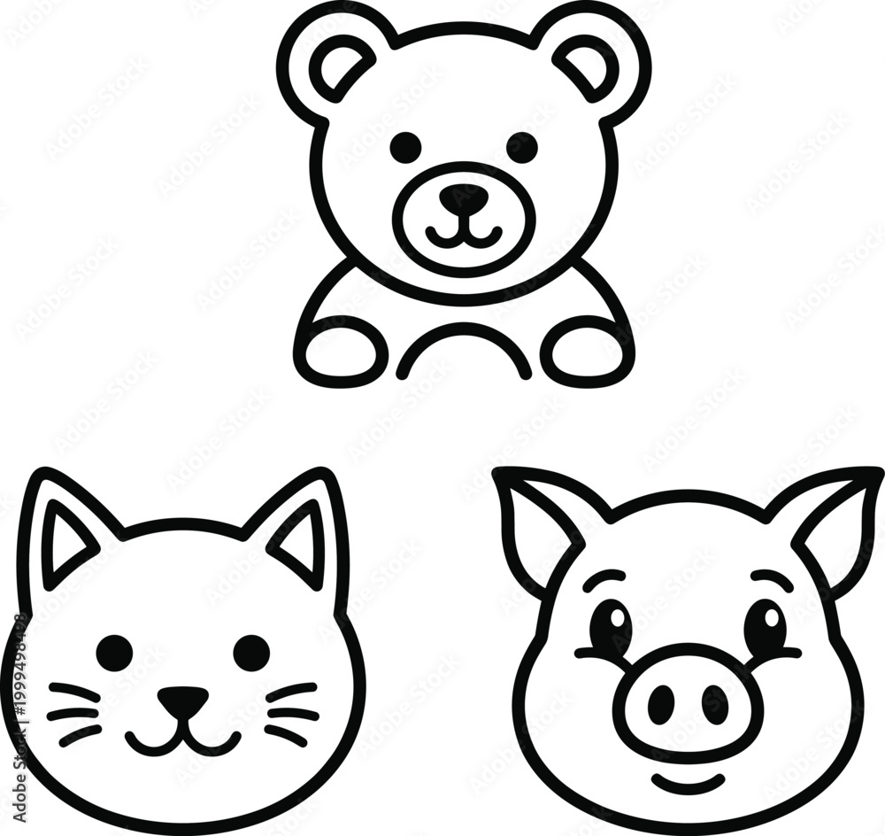 Obraz premium Bear cat pig animal face silhouettes cartoon icon illustration, wildlife artwork design, nature motif concept symbol graphic professional representation