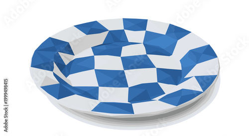 Geometric blue and white ceramic plate with a modern design featuring abstract patterns, against a plain white background