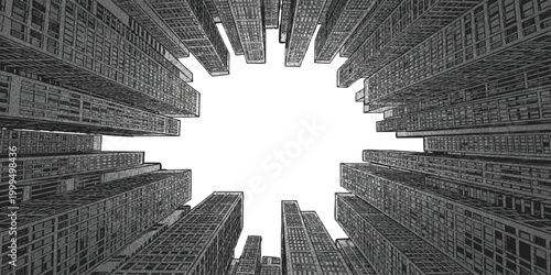Low angle view of tall city skyscrapers looking up at the sky