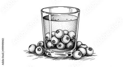 Detailed black and white illustration of a glass filled with blueberry juice surrounded by fresh blueberries on a white background
