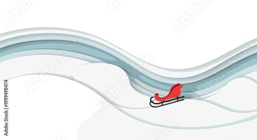 Red sled gracefully gliding down a snowy hill with smooth curves, minimalist design, and soft blue shadows on a white background