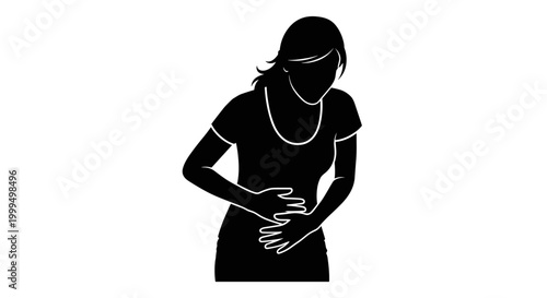 Silhouette of a woman holding her stomach, expressing discomfort, against a plain white background
