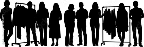 People silhouettes browsing clothes on racks in retail store