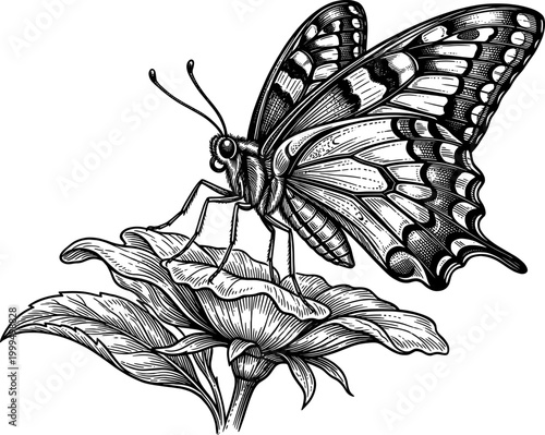 Profile of a butterfly feeding on a flower in vintage etching style