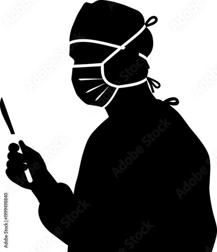 Profile silhouette of a surgeon wearing a mask and holding a scalpel