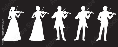 Silhouette of Violinists Ensemble White Musicians on Black Background, Classical Music Concert Vector Set