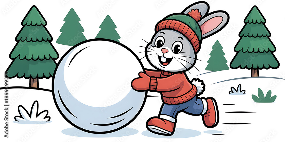 Naklejka premium Cartoon rabbit rolling large snowball, winter fun scene, snow game, Easter character