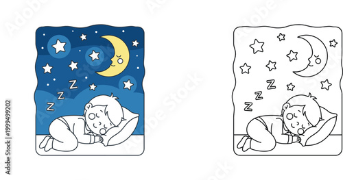 Little Boy Sleeping Peacefully in Bed under Moon and Stars, Night Sky Background, Educational Coloring Book Page and Color Version for Kids, Bedtime Routine Vector Illustration