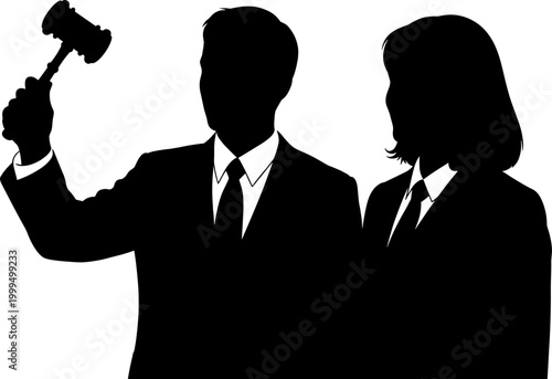 Silhouette of a male and female legal team with a judges gavel