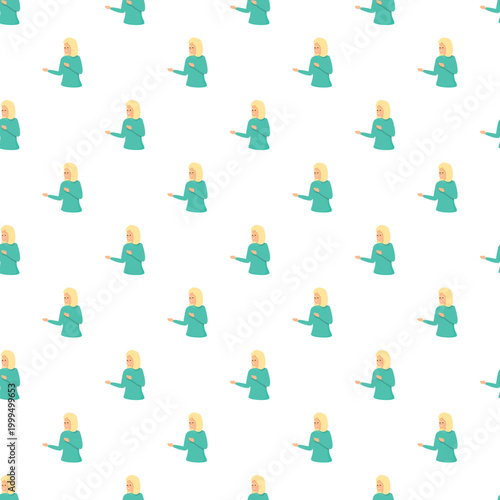 Blonde woman cartoon character presenting with open hands creating a seamless pattern