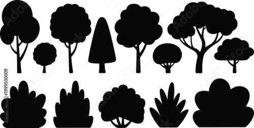 Silhouette collection of trees and bushes with diverse shapes and foliage for botanical illustration design