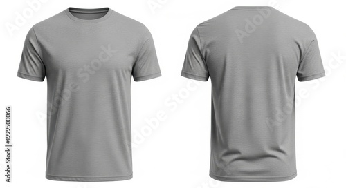 Grey t-shirt mockup, front and back view of a plain light grey cotton crew neck shirt on white