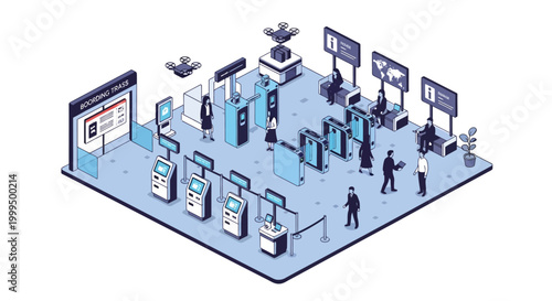 Isometric Futuristic Airport Terminal with Automated Boarding Gates, Digital Kiosks, and Delivery Drones for Smart City Transportation Illustration